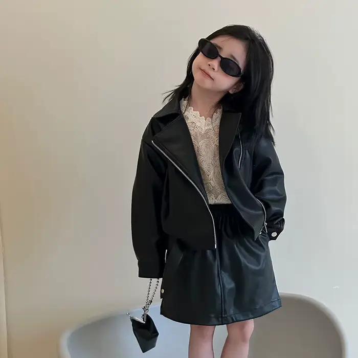 Ensemble veste en cuir pour filles, nouvelle veste en cuir, haut et jupe en cuir, mode décontractée 