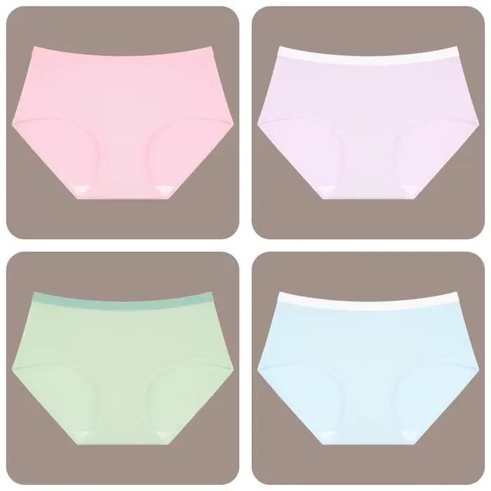 Lot de 4 culottes sans couture en coton pour femme, taille basse, respirantes, lingerie sexy et douc