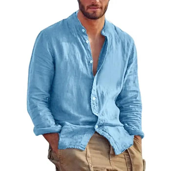 Sweat-shirt à manches longues pour hommes, chemise en lin de couleur unie, tendance, col montant, dé