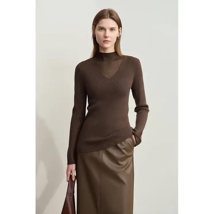 AMII-Pull à col roulé minimaliste pour femme, panneau transparent, chandails minces, couche de base 