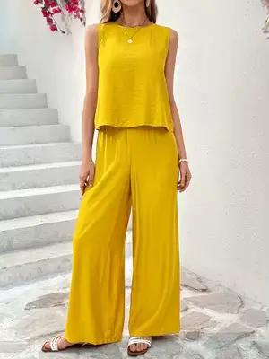 Ensemble deux pièces jaune pour femme, haut sans manches à col rond et dos découpé, pantalon large, 