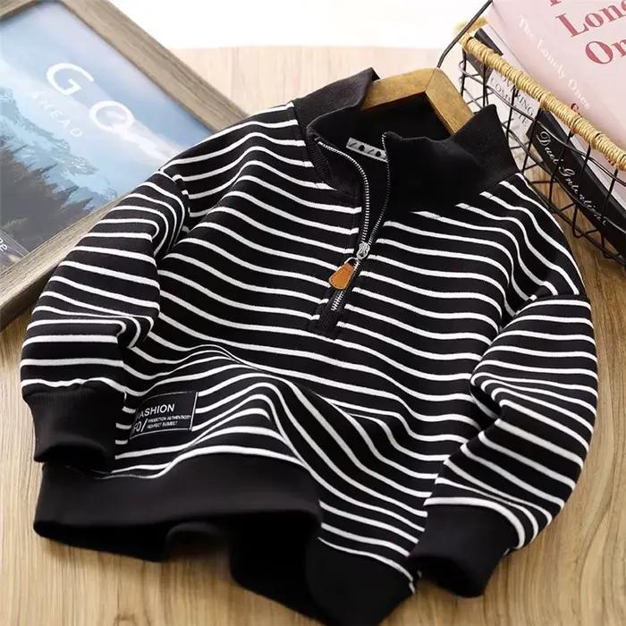 Sweat-shirt à rayures pour garçons et filles, pull décontracté, avec fermeture éclair à revers, vête
