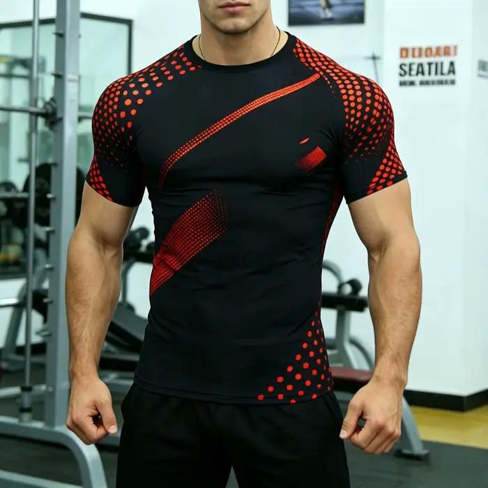 Chemise géométrique noire et rouge pour hommes, col rond, manches courtes, évacuation de l'humidité,