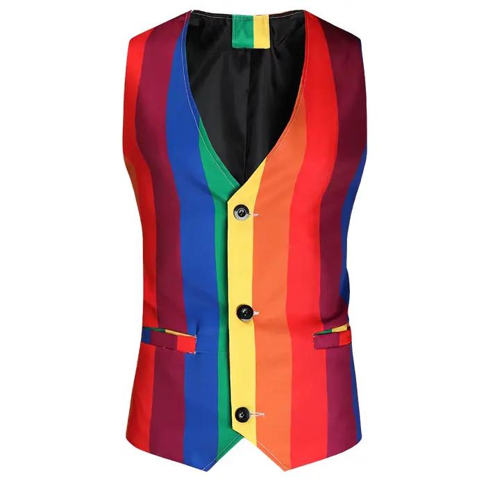 Gilet de Costume Rayé Coloré Tendance 2026 pour Hommes – Veste Sans Manches Slim à Boutonnage Simple
