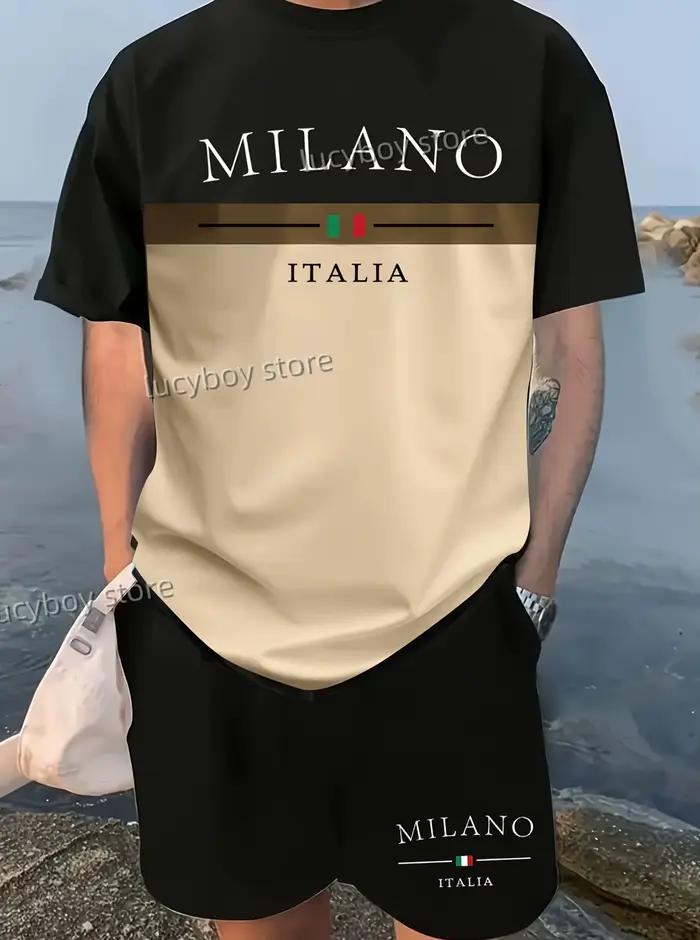 MILANO ITALIA imprimé Sport T-shirt + short ensemble de costume hommes mâle luxe survêtement tenue c