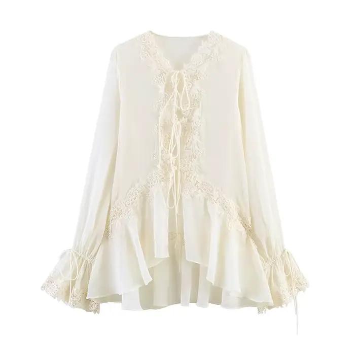 Willshela – chemisier plissé à volants et lacets pour femmes, chemisier Vintage à col rond et manche