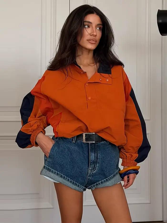 Veste pour femme à col à revers, color block, demi-boutonnage, manches élastiques, coupe oversize, s