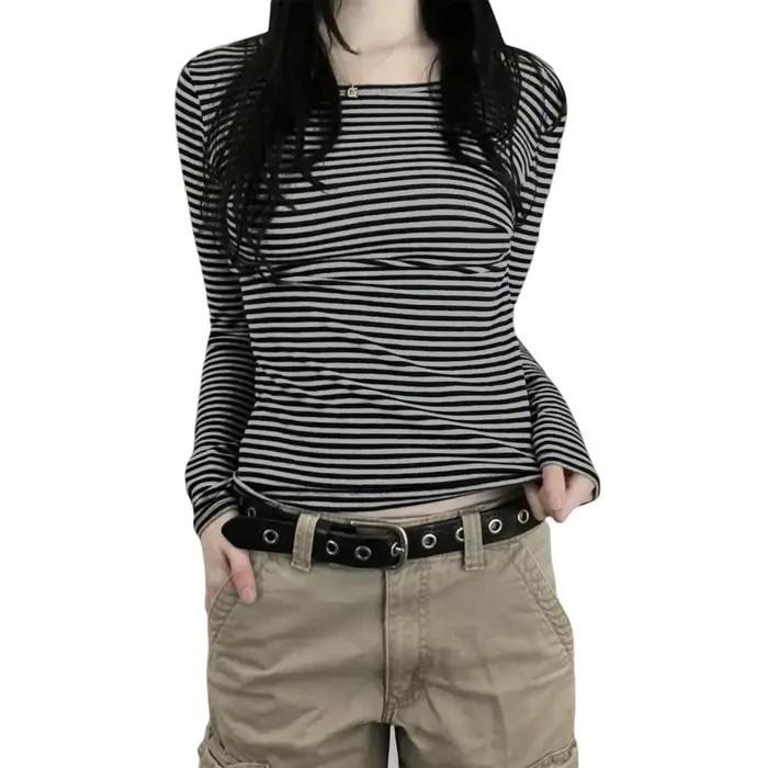 Chemises à manches longues pour femmes, mode décontractée, basique, col rond, rayé, Slim Fit, chemis