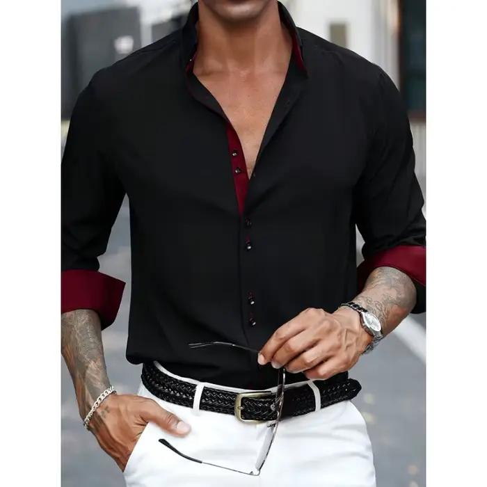 Chemise pour hommes flambant neuf couleur unie à manches longues intelligente décontracté noir élast