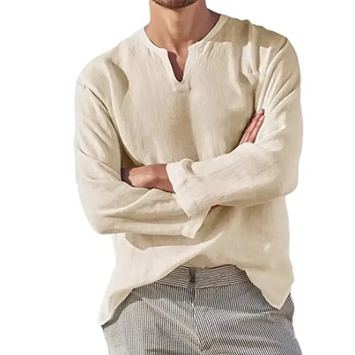 T-shirt à manches longues pour hommes, en coton et lin, couleur unie, respirant, confortable, col en