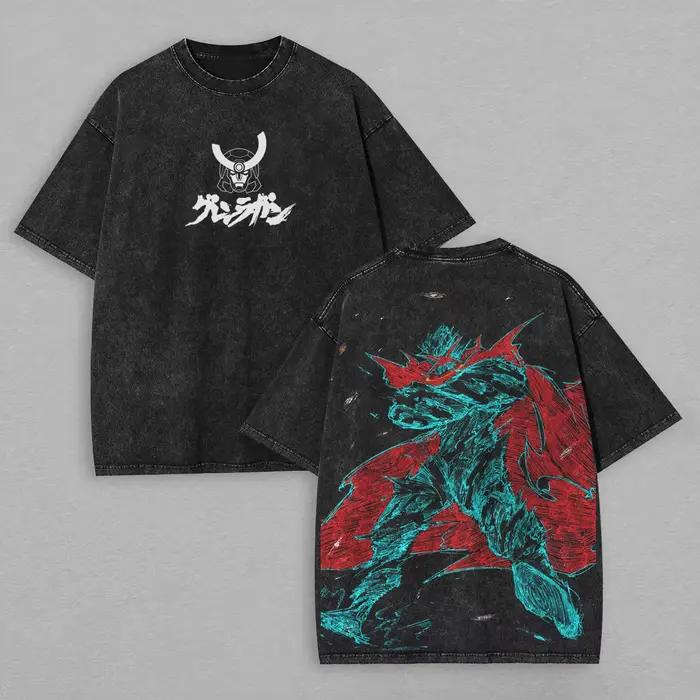 T-shirt noir délavé en coton oversize avec impression artistique anime avant et arrière de Tengen To