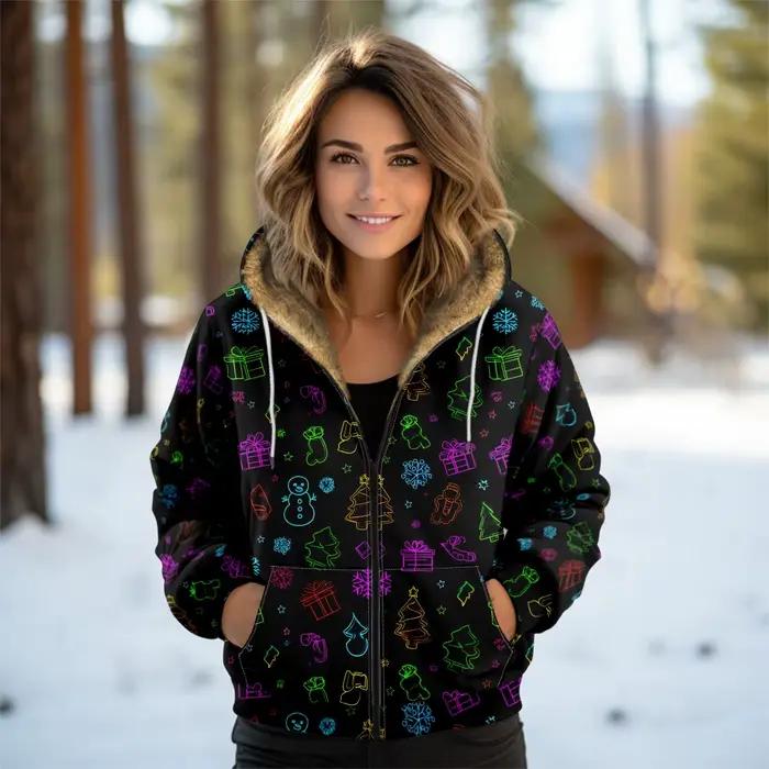 Veste à capuche pour femme, cadeau de Noël nordique festif, confortable, doublé polaire, fermeture é