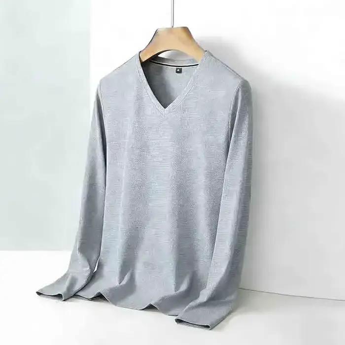Pull en tricot à col en V gris pâle pour homme, manches longues, facile à entretenir, idéal pour les