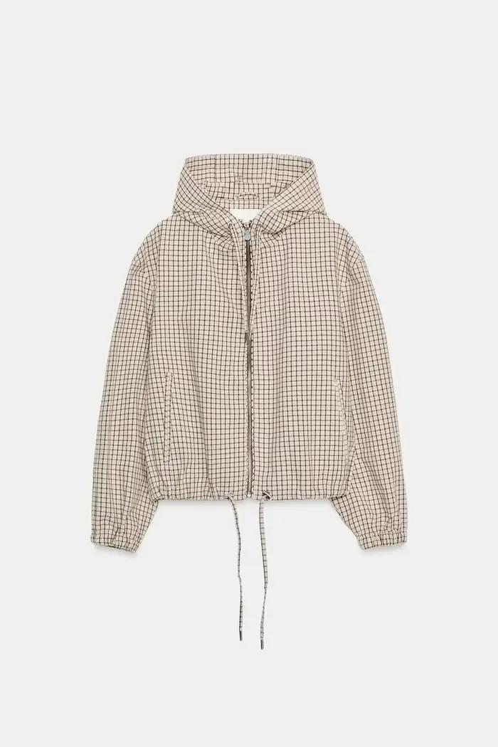 Veste courte à capuche à carreaux pour femme, décontractée, à manches longues, avec fermeture éclair