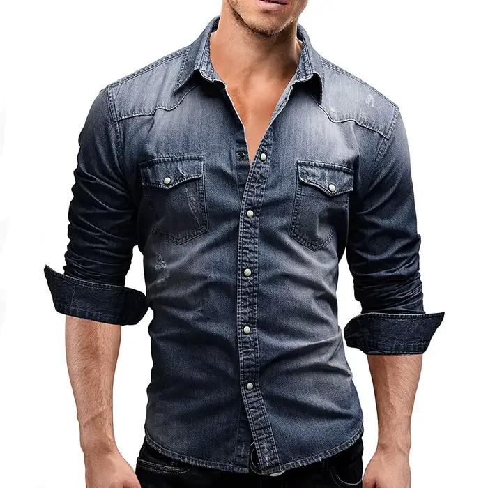 T-shirt en Denim à manches longues pour homme, vêtement de marque, en coton doux, Slim, en jean élas