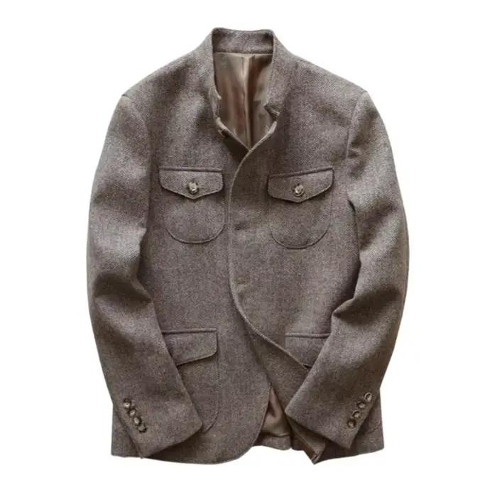 Blazer Homme Vintage en Tweed Chevrons, Mélange de Laine Britannique, Double Boutonnage, Léger, Déco