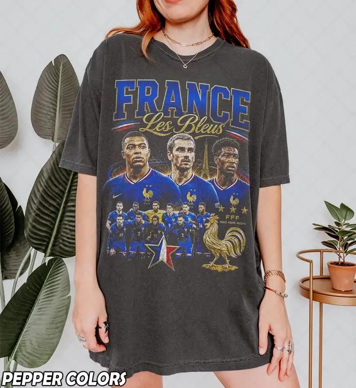 T-shirt vintage délavé surdimensionné de l'équipe nationale de France Les Bleus, motif graphique de 