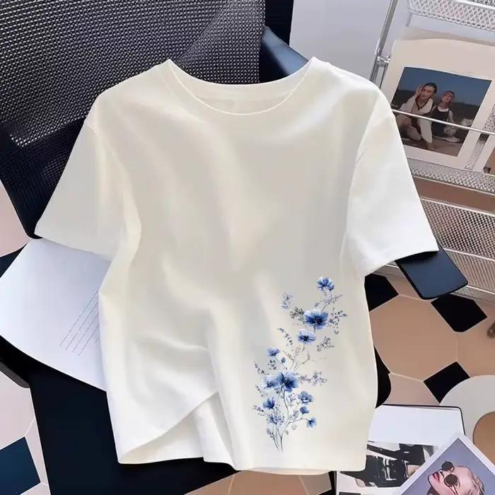 Soldes d'été : T-shirt femme en coton décontracté à col rond et manches courtes, imprimé floral, con
