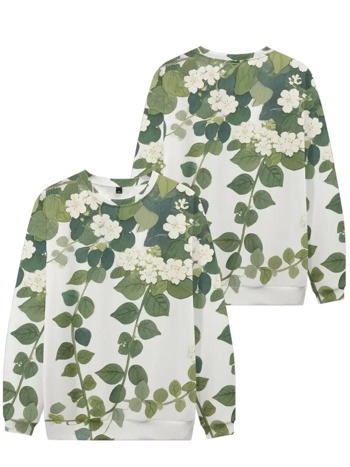 Sweat-shirt à col rond blanc imprimé Floral vibrant, Design botanique complet avec fleurs colorées, 