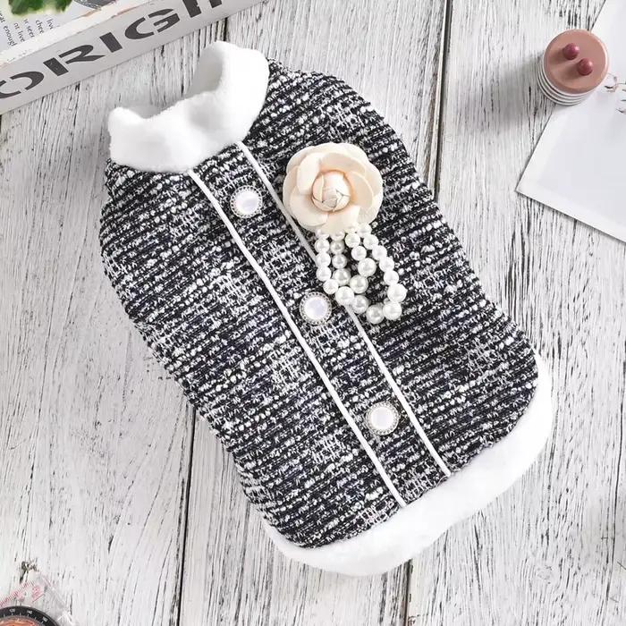 Manteau à col en fourrure pour animaux de compagnie, perle de luxe pour chien teckel, saucisse, noir