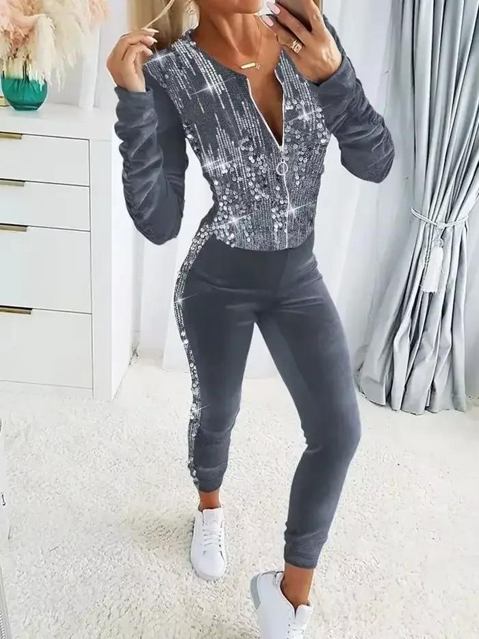 2 pièces velours survêtement tenues femmes pantalon ensemble automne hiver contraste paillettes fron