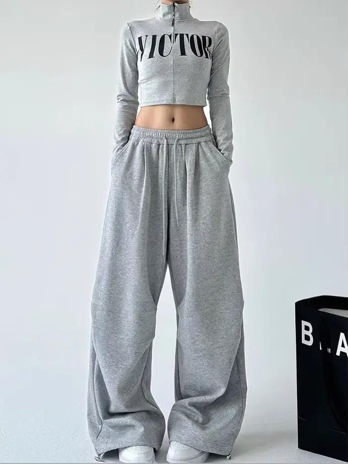 Pantalon de survêtement Y2K Harajuku à jambe large pour femme, streetwear ample et oversize gris, pa