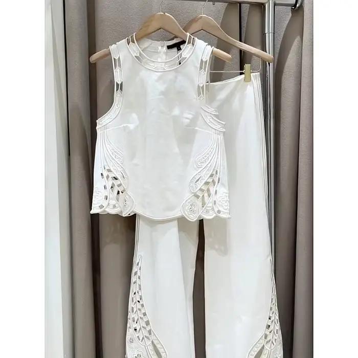 Olive Girl – ensemble haut blanc sans manches et pantalon pour femmes, élégance haut de gamme, motif