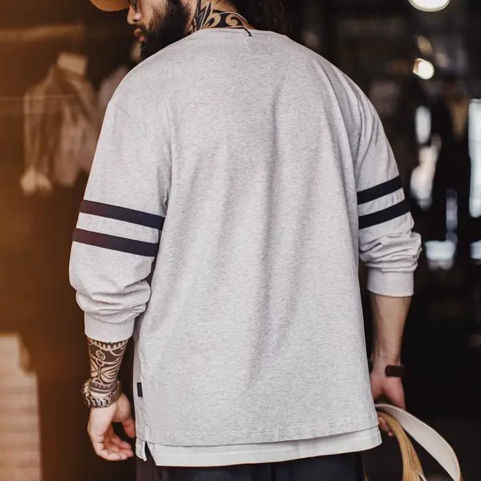 Sweat-shirt rétro à rayures brodées pour hommes, gris, léger, col rond, manches longues, pull en tri