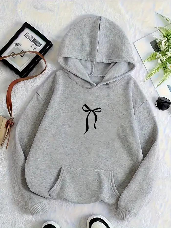 Sweat-shirt à capuche chaud et doublé pour femme, motif nœud, poche kangourou, manches longues, déco