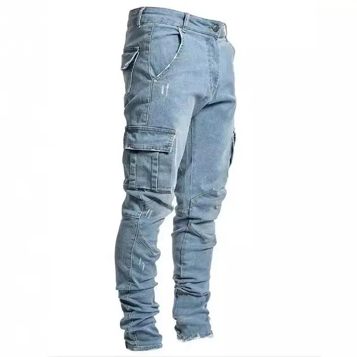 Jeans en denim élastique pour hommes, pantalon cargo multi-poches, coupe slim décontractée, jogging 