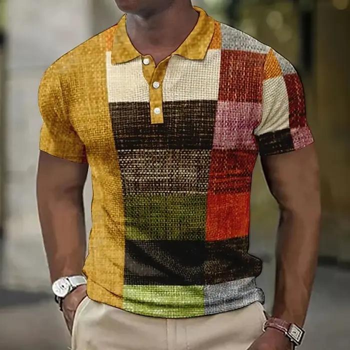 Polo vintage pour homme avec motif graphique, chemise imprimée 3D à carreaux colorés, t-shirt d'été 