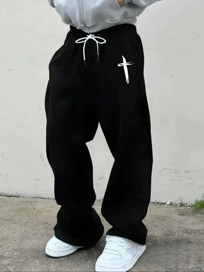 Nouveau pantalon de jogging noir pour homme 2026, imprimé croix blanche simple, décontracté, taille 