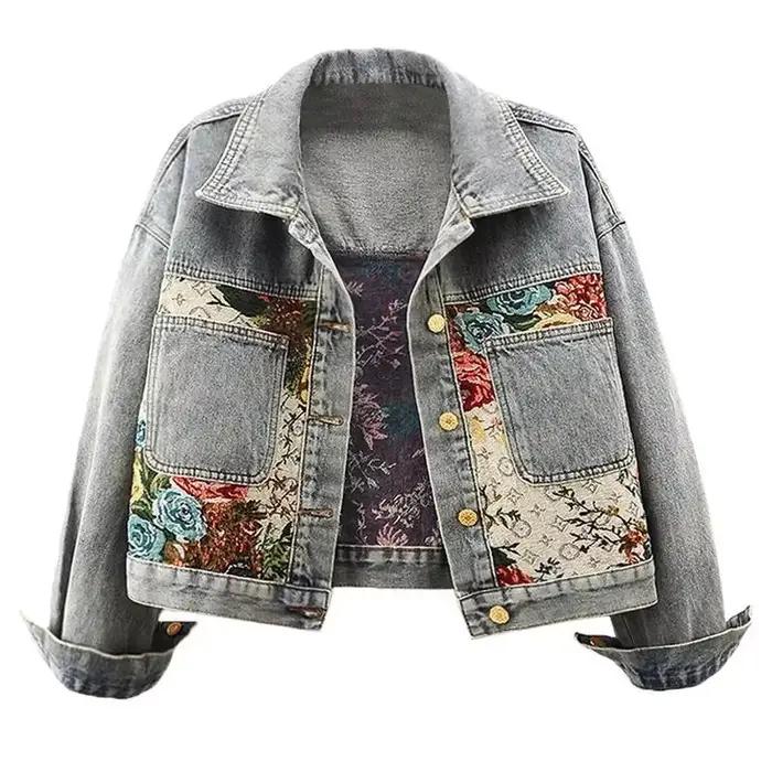 Veste courte en jean à manches longues pour femmes, imprimé Joker, épissage, revers, mode, tempérame