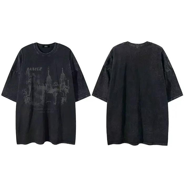 2025 Streetwear rétro lavé noir T-Shirt château graphique Vintage imprimé Hip Hop lâche T-Shirt homm