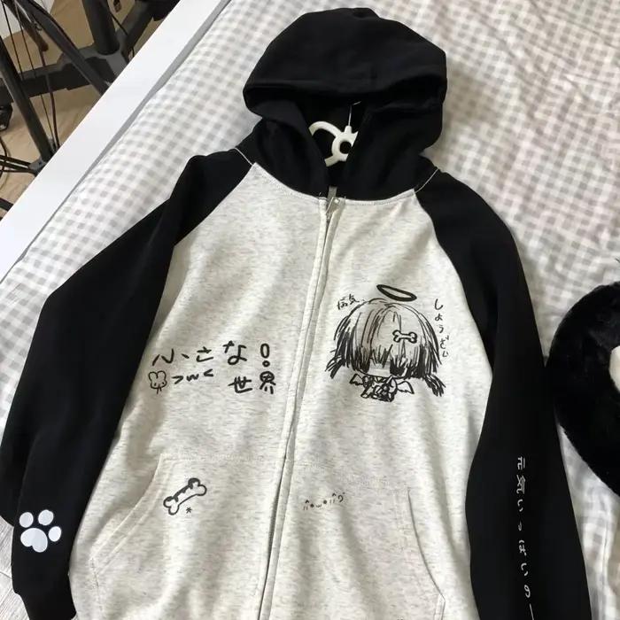 Sweat à capuche zippé dessin animé japonais pour femme, sweat-shirt grunge, streetwear, vestes impri