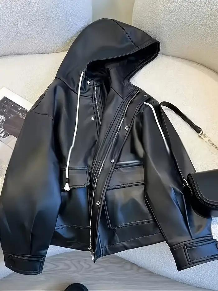 Veste en cuir noire à capuche pour femmes, grande taille, Style moto, manteau en cuir polyvalent à l