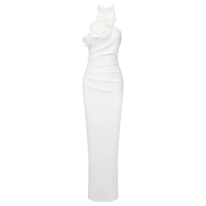 VC-Robe longue blanche à fente haute pour femme, robe d'anniversaire chic et élégante, décoration fl
