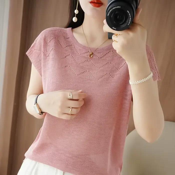 T-shirt à manches courtes et col rond pour femme, pull ajouré, en Fiber de bambou, à la mode, tricot
