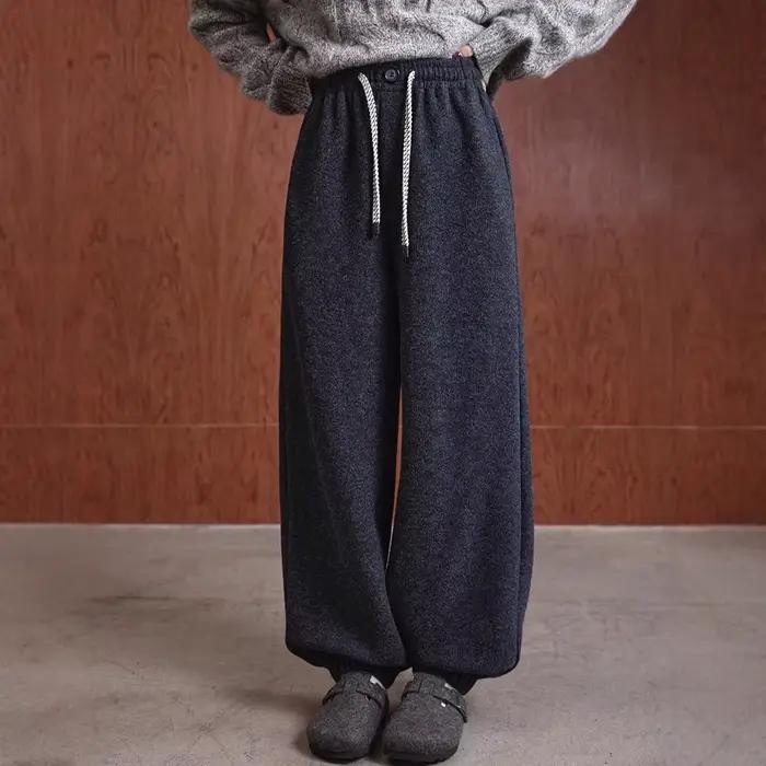 Pantalon de jogging en mélange de laine, doublure polaire bicolore, revers, taille élastique, hiver