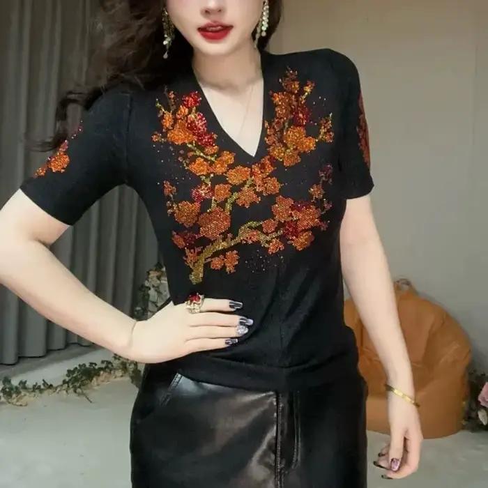 T-shirt à manches courtes pour femmes, col en v, à la mode, industrie lourde, tendance, Slim, nouvel