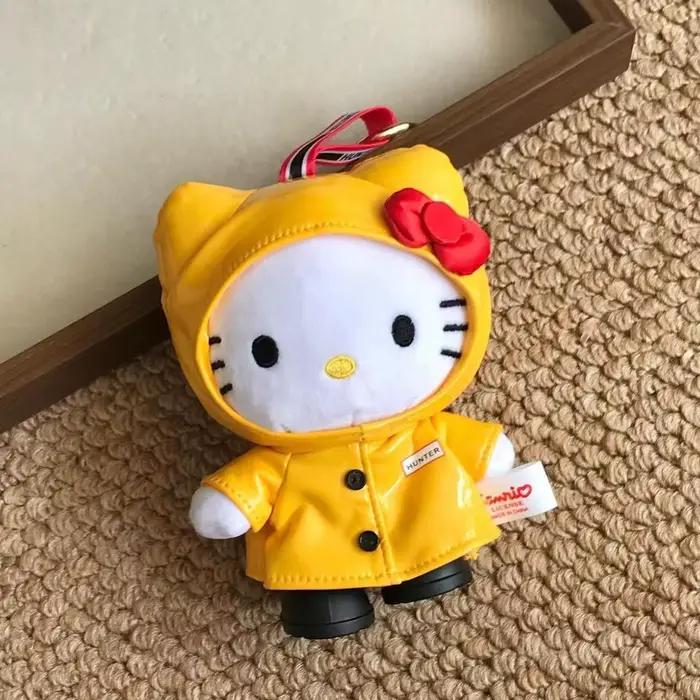 Porte-clés peluche Hello Kitty mignon en forme de veste de pluie jaune, pendentif de sac, ornements,