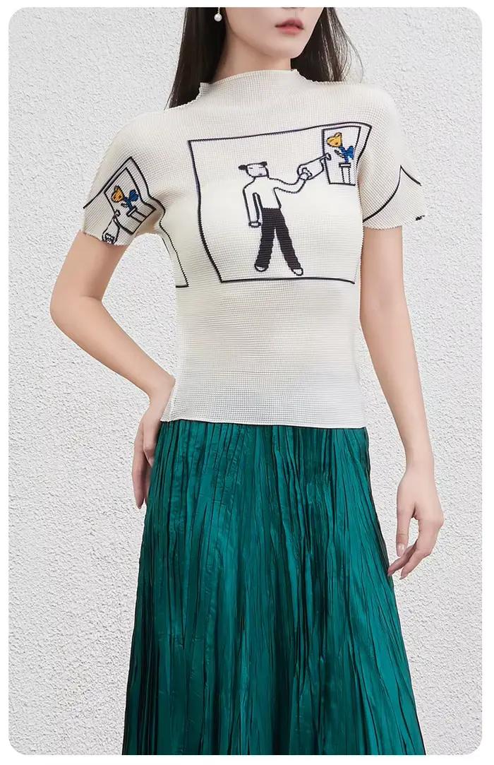 T-shirt plissé à col montant de style japonais, fin, imprimé à l'encre, extensible, coupe ajustée, t