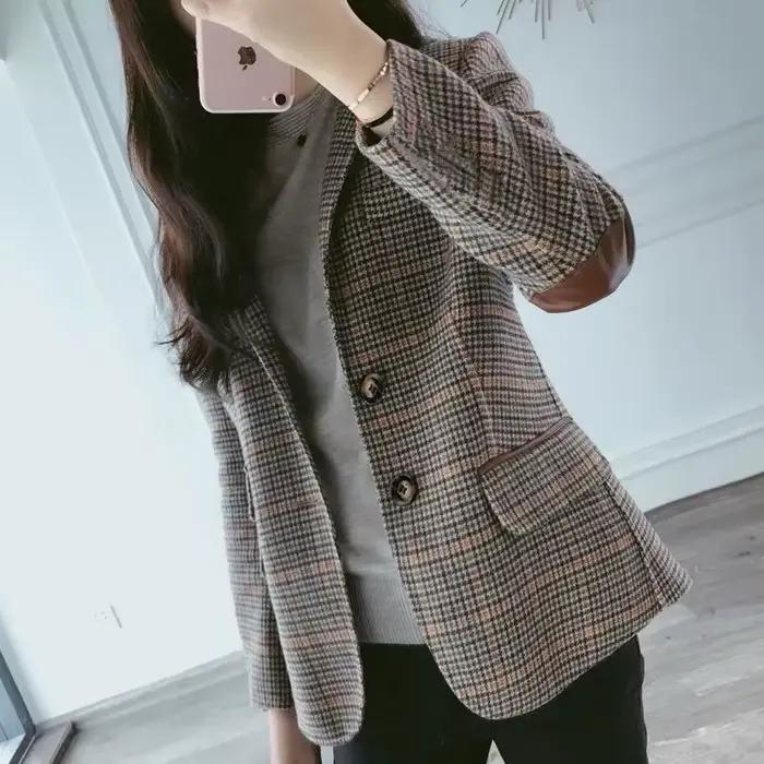 Petite veste de costume à carreaux en laine pour femmes, nouveau Style court, Version coréenne, cost