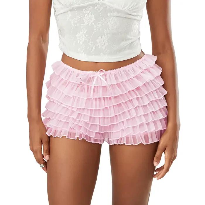 Short d'été à volants pour femmes, couleur unie, pantalon court en maille multicouche, doux et migno