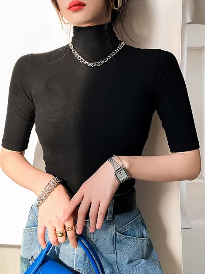 T-shirt col roulé manches courtes femme, basique, en coton, slim, décontracté, élastique, blanc