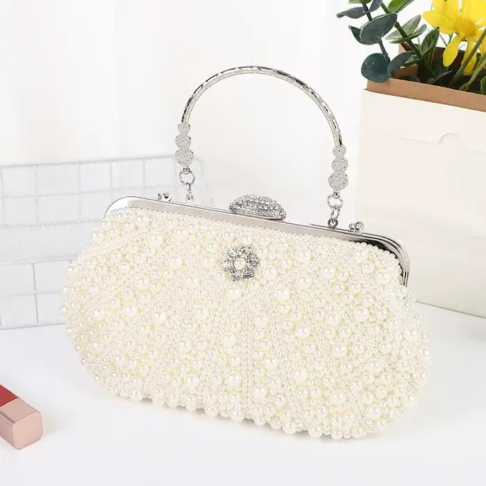 Pochette de soirée pour femme avec strass et perles, poignée supérieure, grande capacité, sac à main