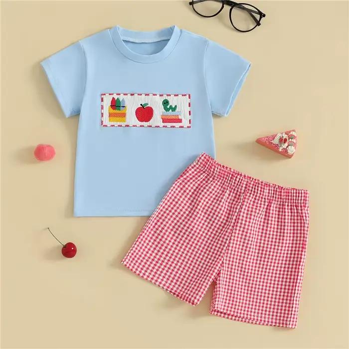 Tenues d'été pour bébés garçons, T-Shirts à manches courtes et col rond brodés de pommes avec Short 