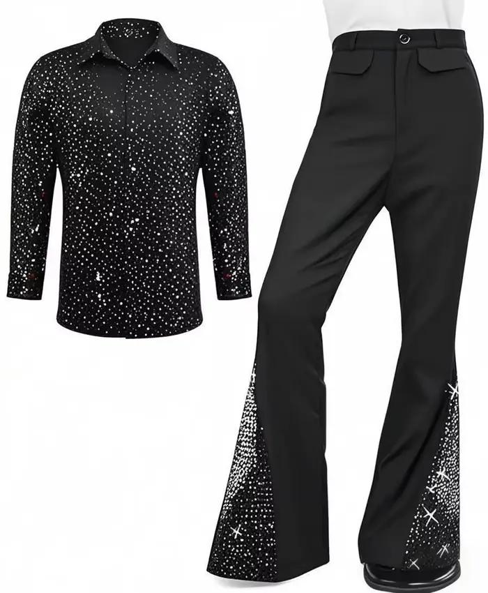 Vêtements Disco pour hommes, pantalons évasés à paillettes, chemise à paillettes bronzantes