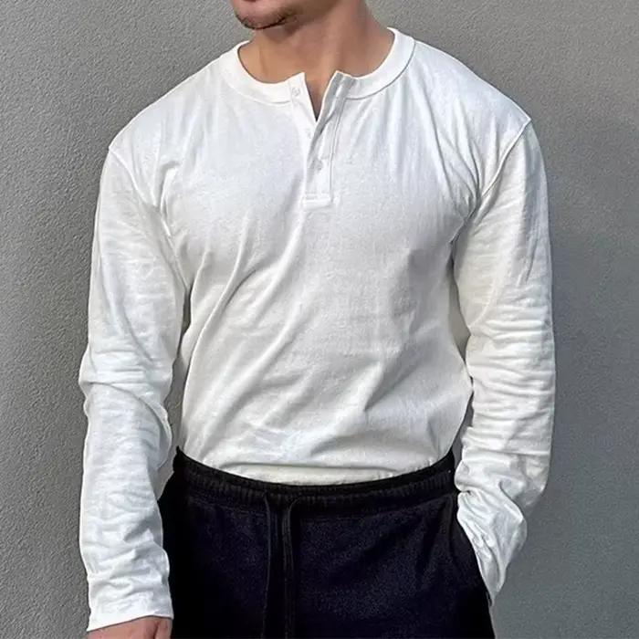 Pull à col rond boutonné pour hommes, T-shirt vintage, T-shirt monochrome, Col Henley, Loisirs, Prin