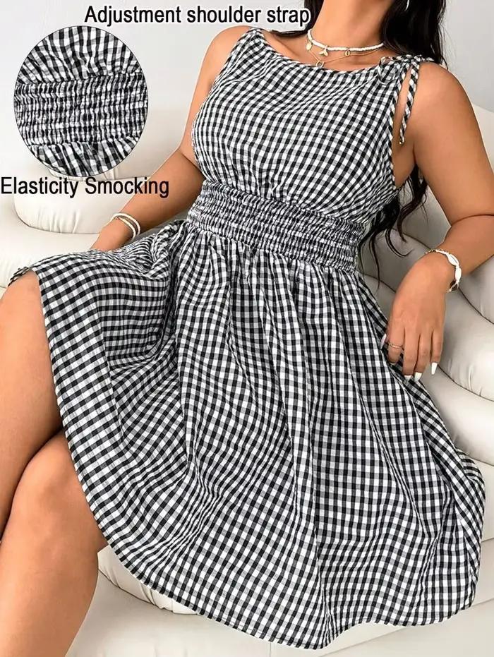 Robe décontractée sans manches à imprimé vichy et taille froncée, coupe ajustée, grande taille pour 